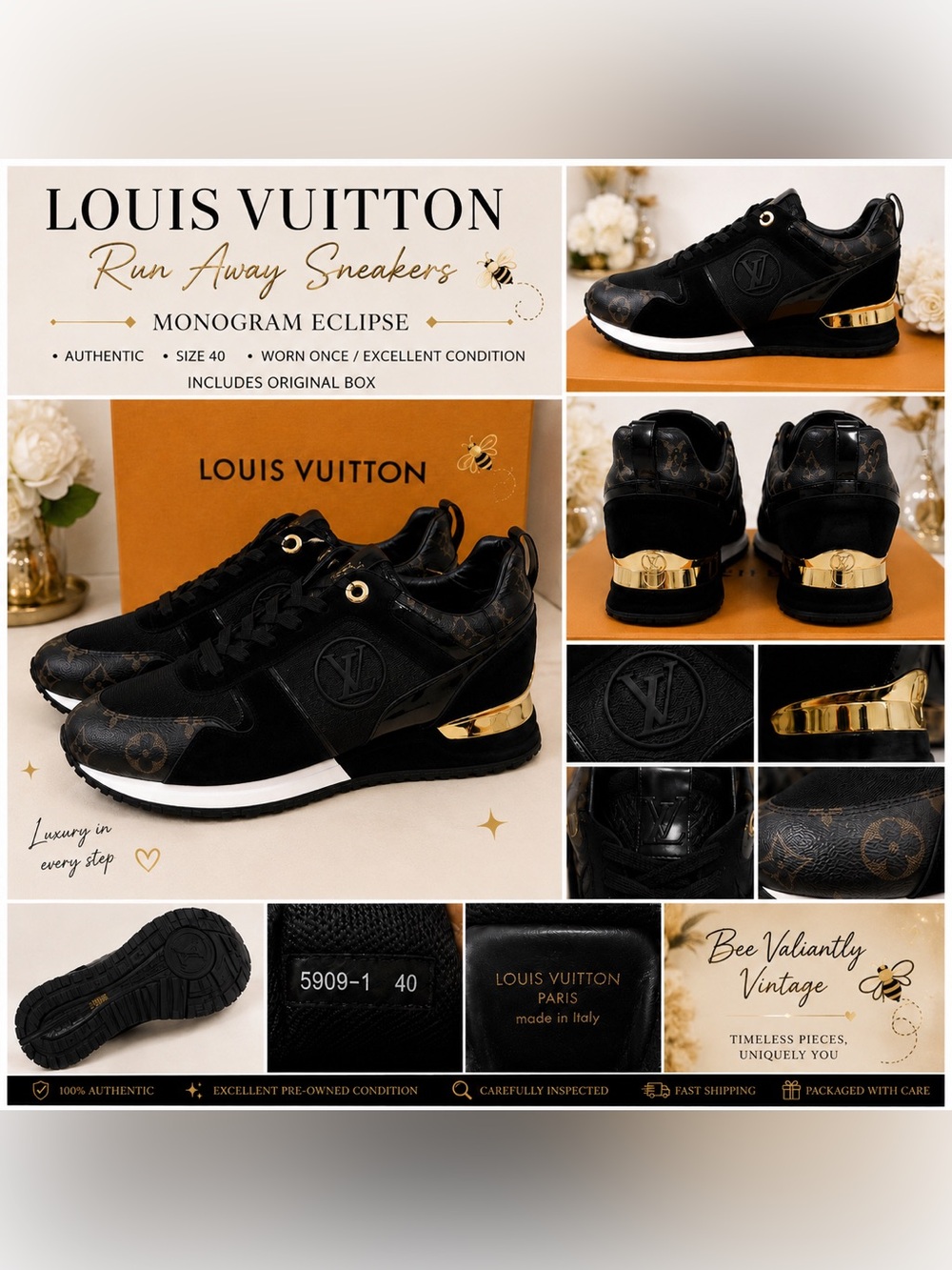 Louis Vuitton Run Away Sneakers | Black Monogram Eclipse | Size 40